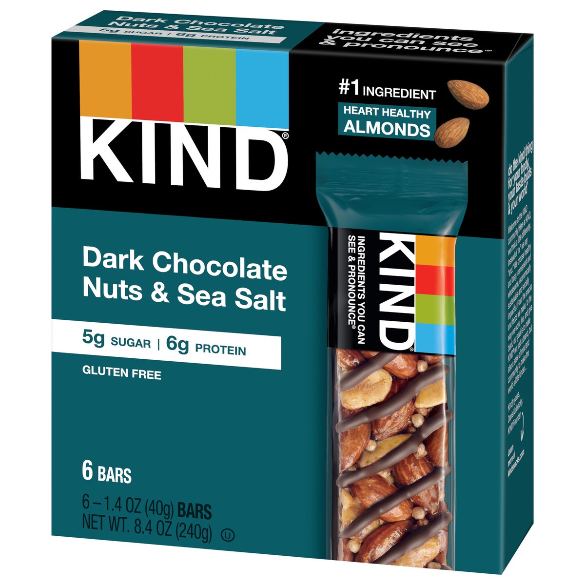 slide 3 of 6, KIND Healthy Snack Bar, Dark Chocolate Nuts & Sea Salt, 5g Sugar | 6g Protein, Gluten Free Bars, 1.4 OZ, 6 Count, 6 ct