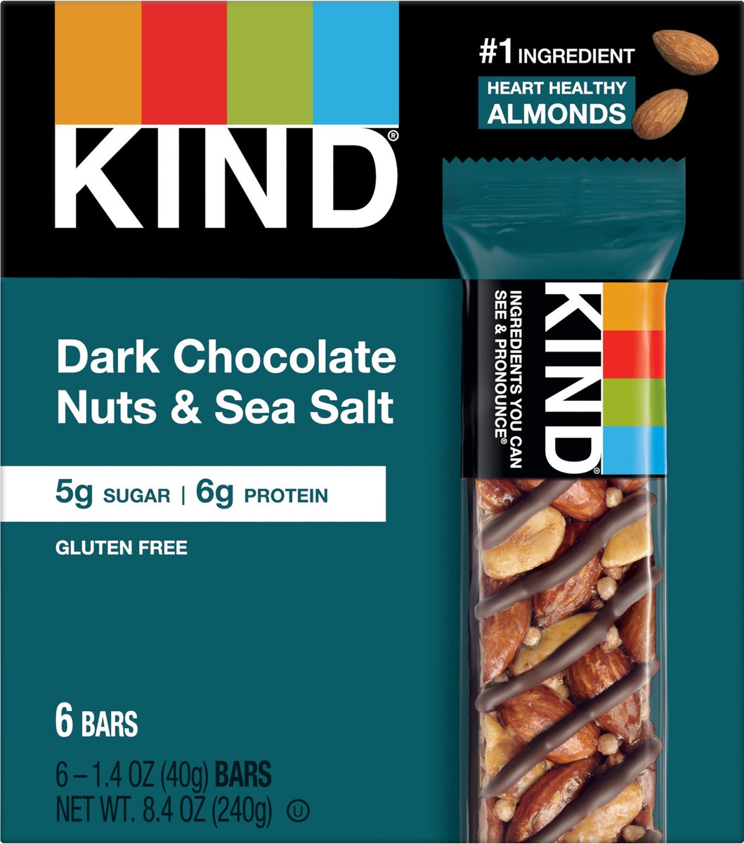 slide 4 of 6, KIND Healthy Snack Bar, Dark Chocolate Nuts & Sea Salt, 5g Sugar | 6g Protein, Gluten Free Bars, 1.4 OZ, 6 Count, 6 ct