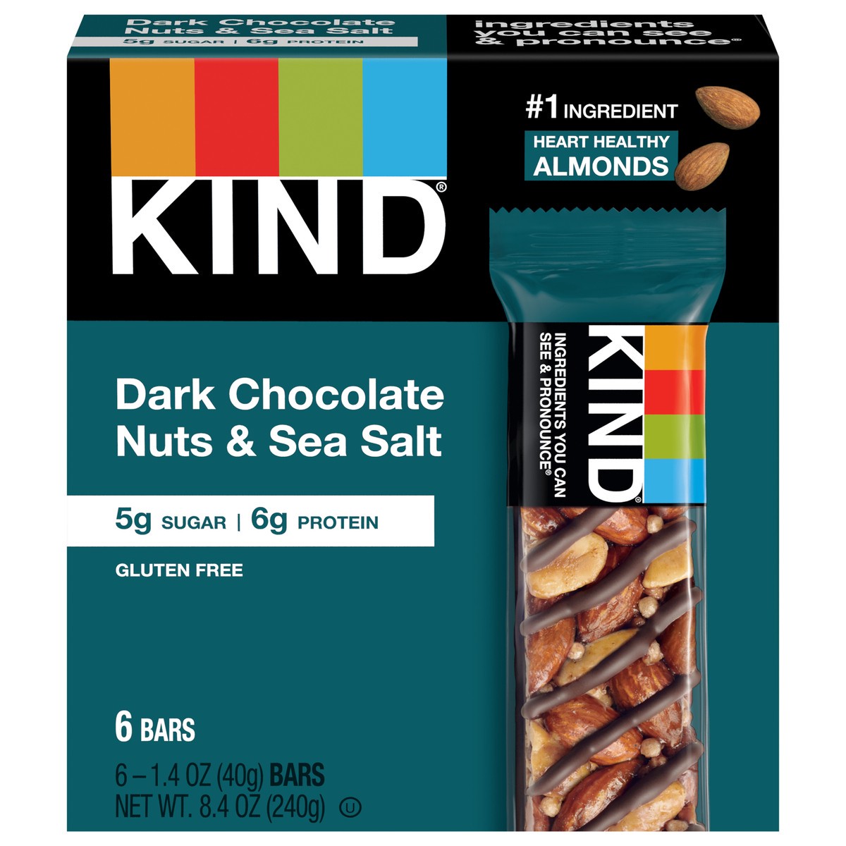 slide 1 of 6, KIND Healthy Snack Bar, Dark Chocolate Nuts & Sea Salt, 5g Sugar | 6g Protein, Gluten Free Bars, 1.4 OZ, 6 Count, 6 ct