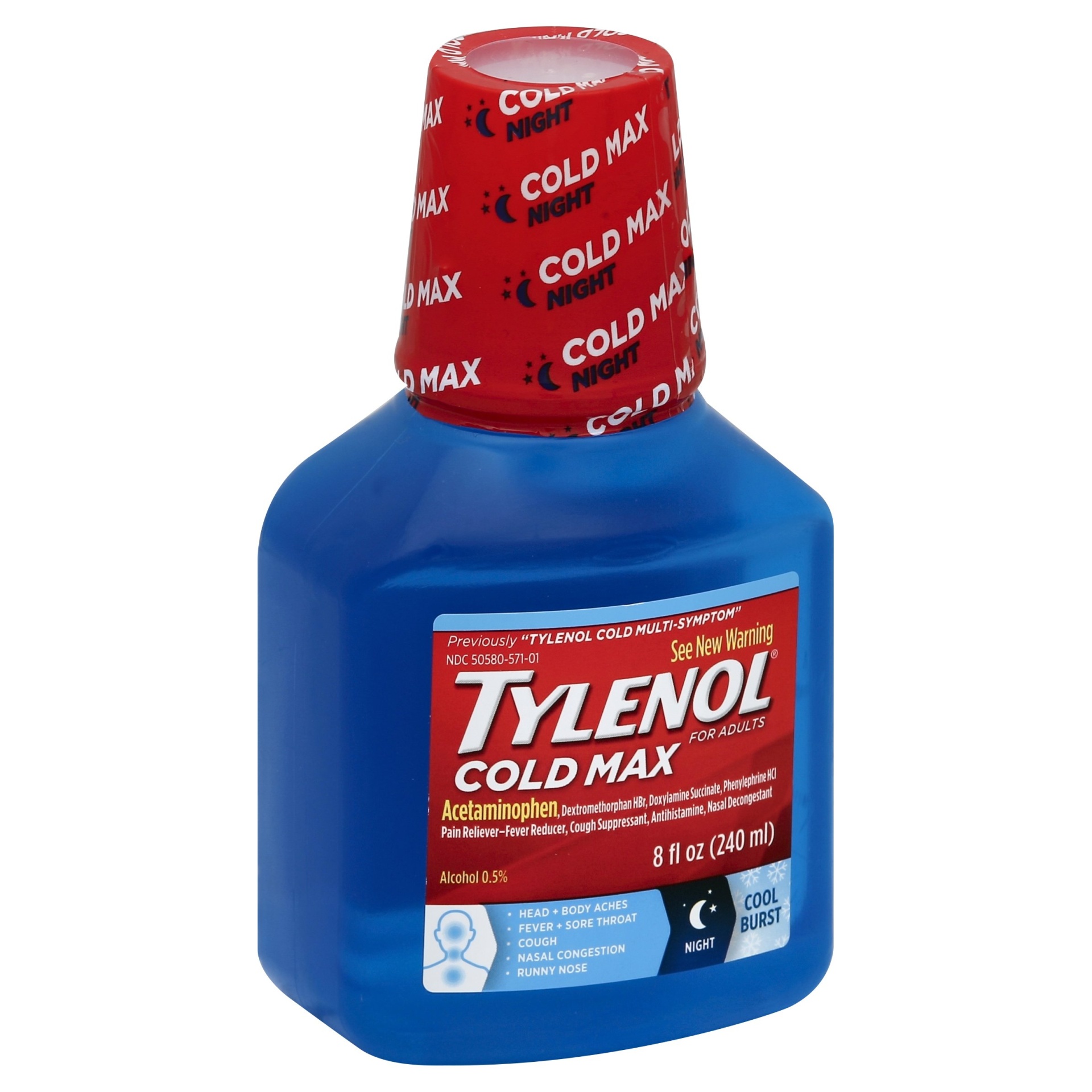 slide 1 of 1, Tylenol Cold Max Cool Burst Multi-Symptom Night-Time Liquid, 8 fl oz