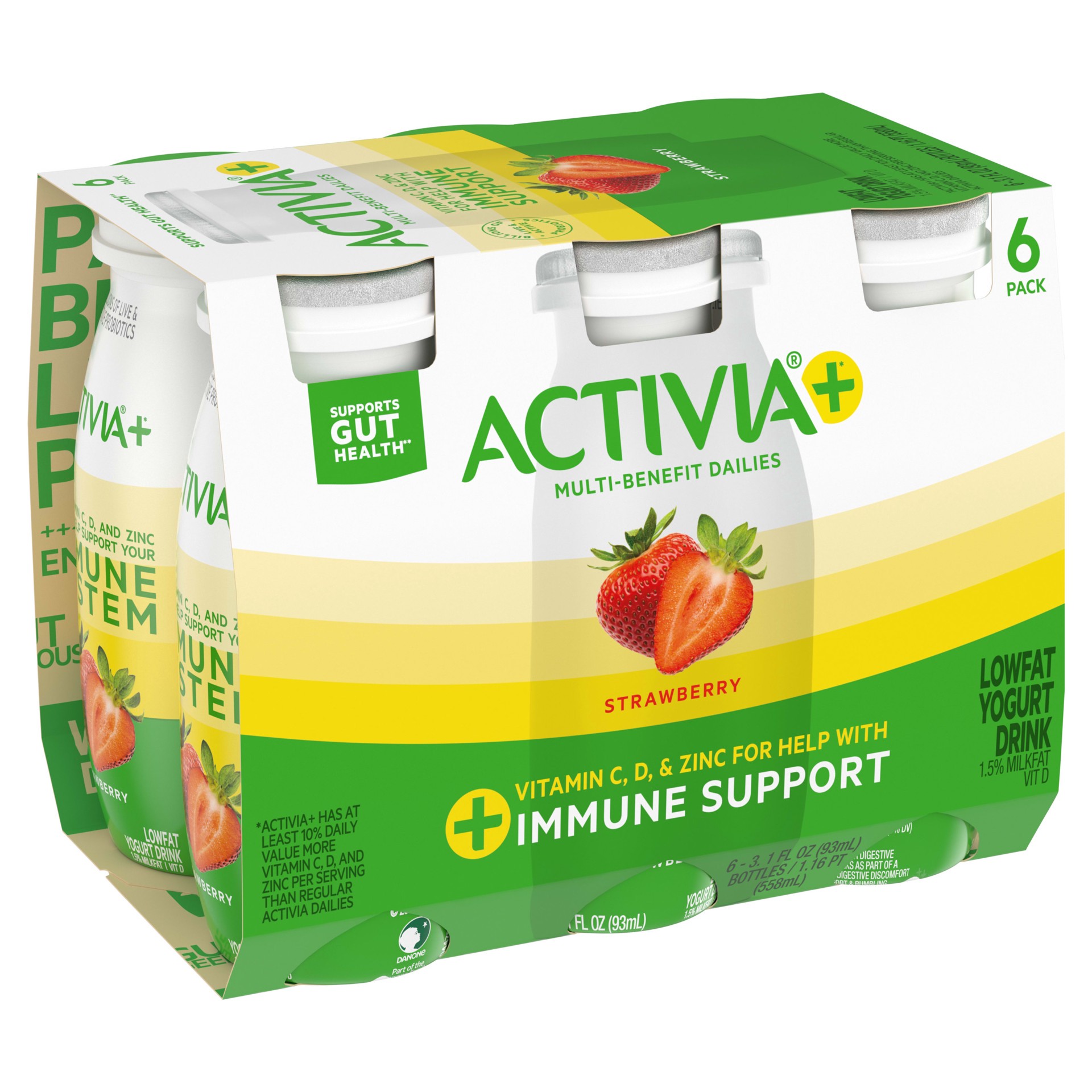 slide 4 of 5, Activia+ Multi-Benefit Strawberry Probiotic Lowfat Yogurt Drinks, Delicious Probiotic Yogurt Bottles Help Support Gut Health and Immune System, 6 Ct, 3.1 FL OZ, 3.10 fl oz