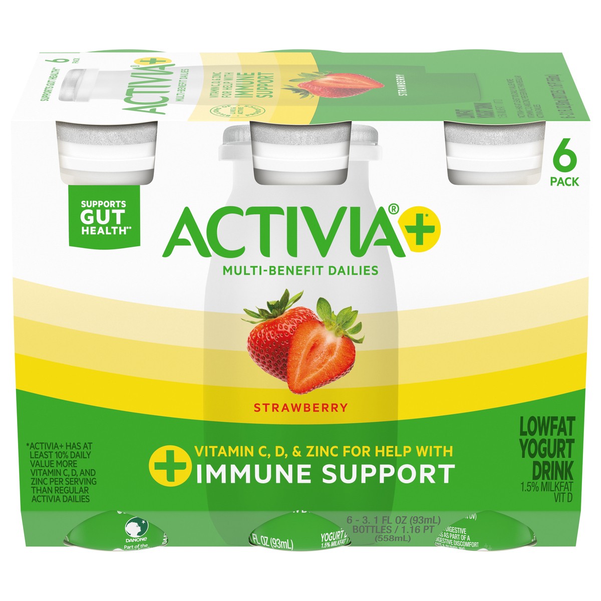 slide 1 of 5, Activia+ Multi-Benefit Strawberry Probiotic Lowfat Yogurt Drinks, Delicious Probiotic Yogurt Bottles Help Support Gut Health and Immune System, 6 Ct, 3.1 FL OZ, 3.10 fl oz