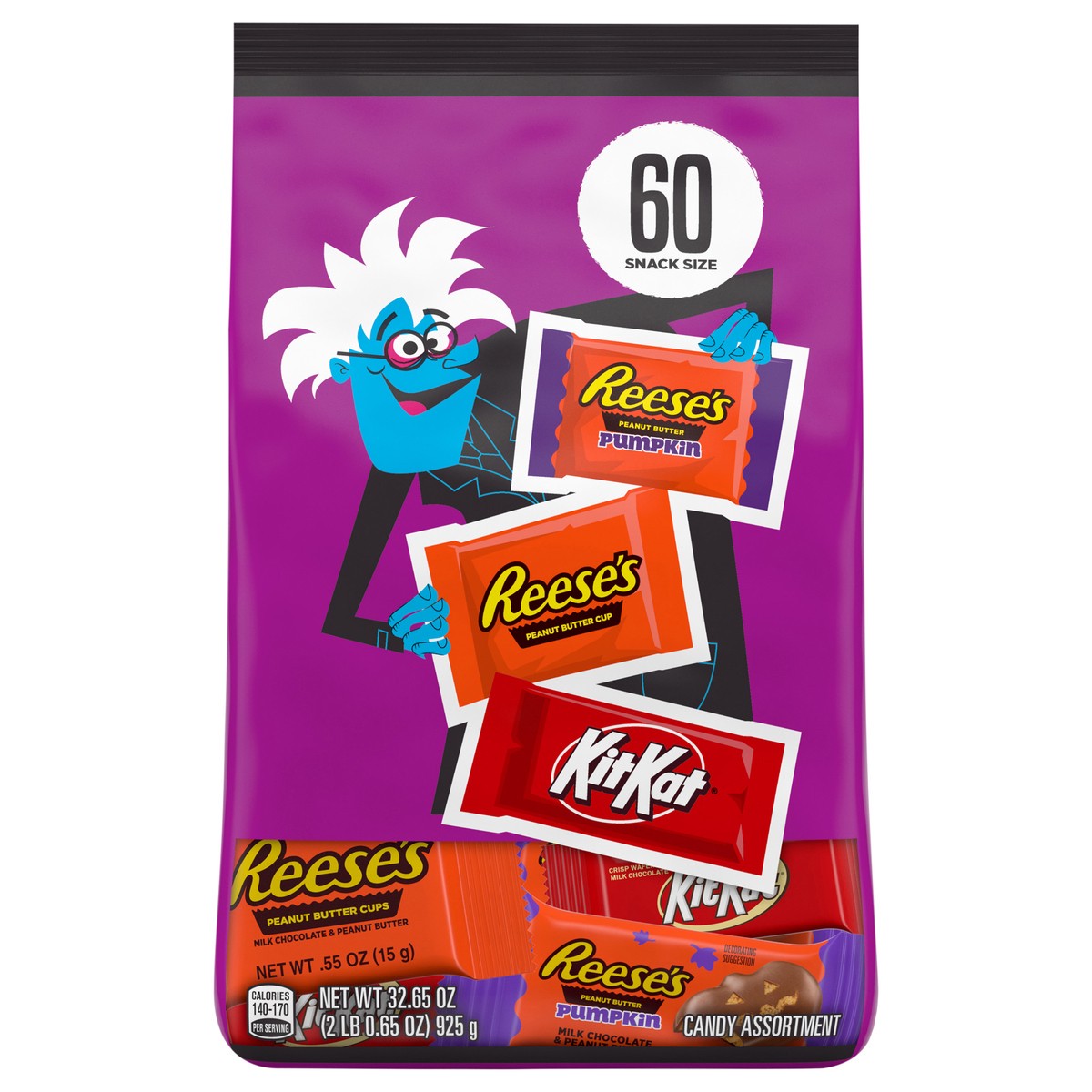 slide 1 of 12, Hershey's Kit Kat and Reese's Assorted Milk Chocolate Snack Size, Halloween Candy Bag, 32.65 oz (60 Pieces), 32.65 oz