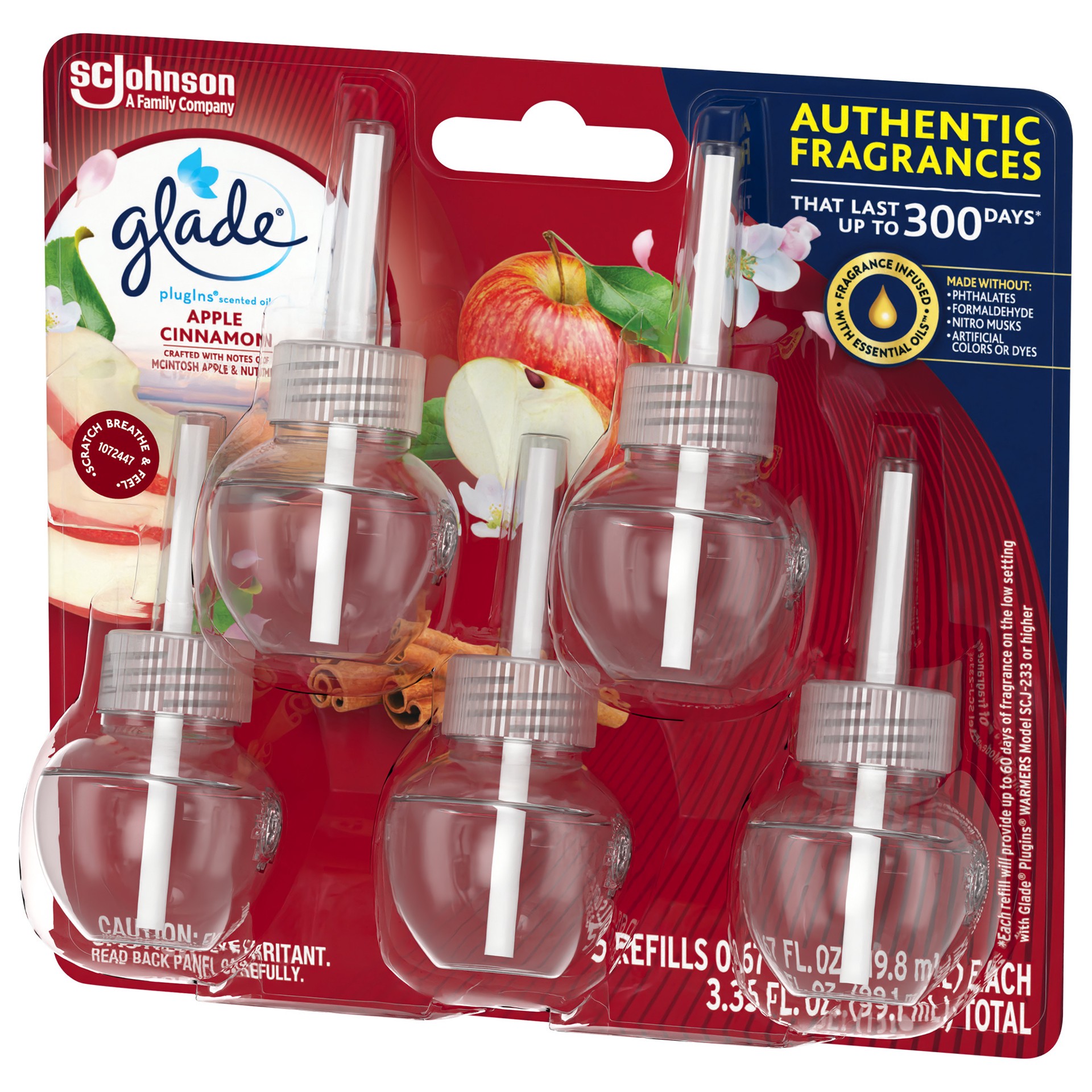 slide 3 of 5, Glade PlugIns Scented Oil 5 Refills, Air Freshener, Apple Cinnamon, 5 x 0.67 oz, 5 ct