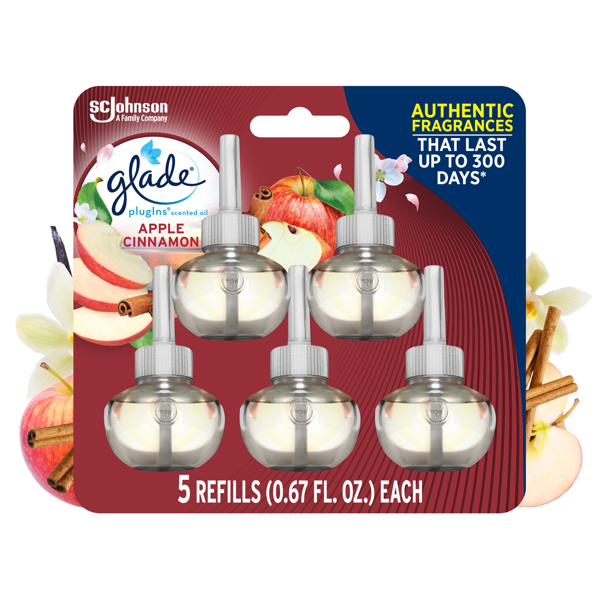 slide 5 of 5, Glade PlugIns Scented Oil 5 Refills, Air Freshener, Apple Cinnamon, 5 x 0.67 oz, 5 ct