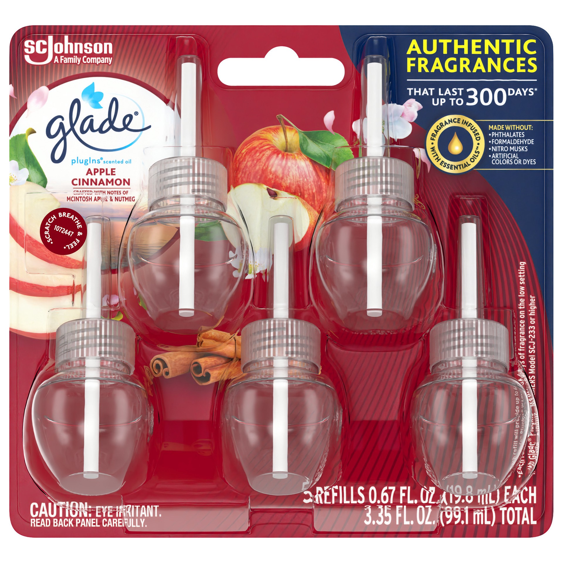 slide 1 of 5, Glade PlugIns Scented Oil 5 Refills, Air Freshener, Apple Cinnamon, 5 x 0.67 oz, 5 ct