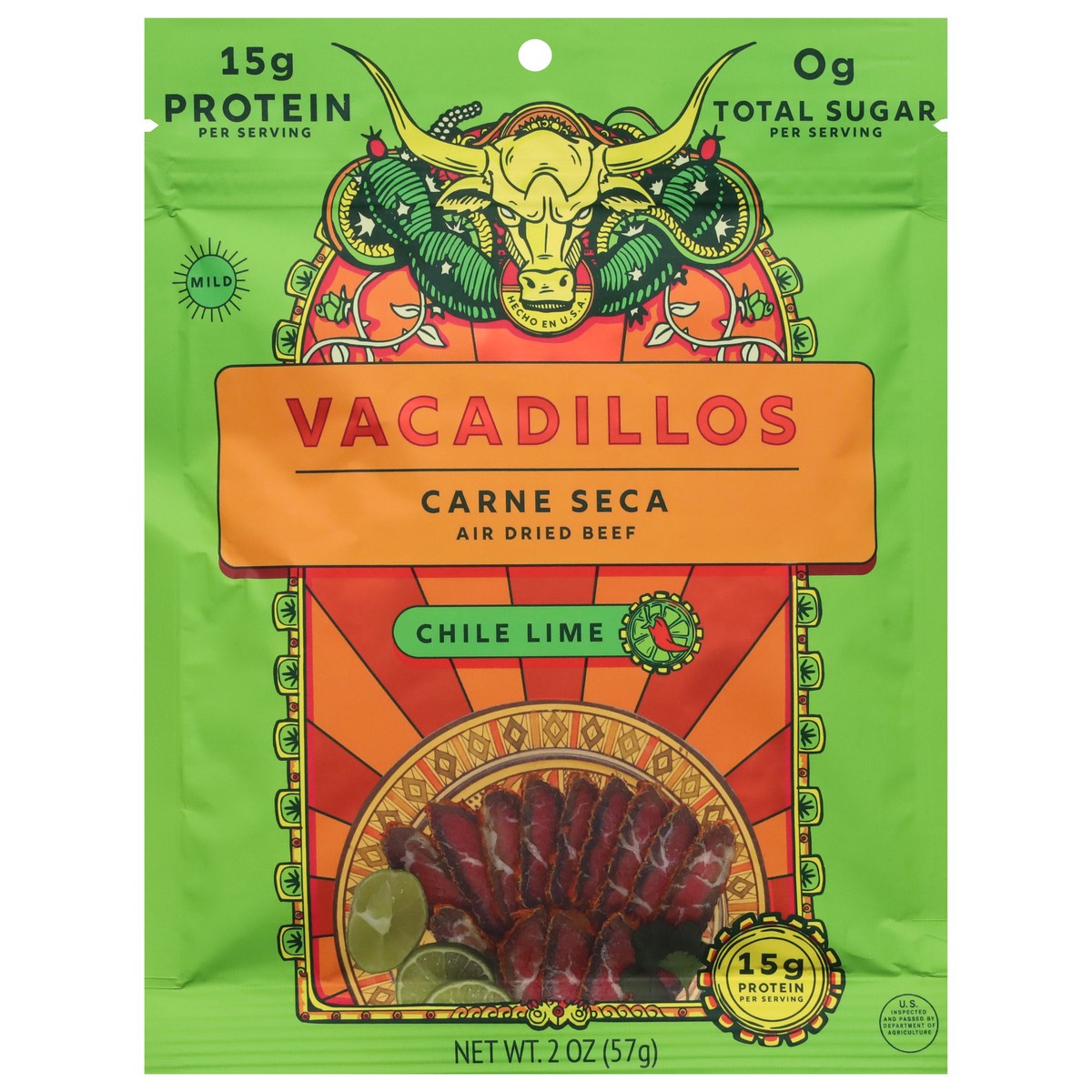 slide 1 of 9, Vacadillos Air Dried Mild Chile Lime Beef 2 oz, 2 oz