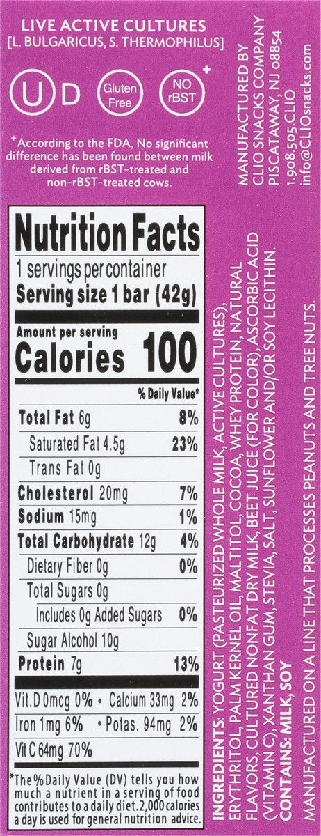 slide 5 of 9, Clio Zero Sugar Mixed Berry Greek Yogurt Bar, 1.48 oz