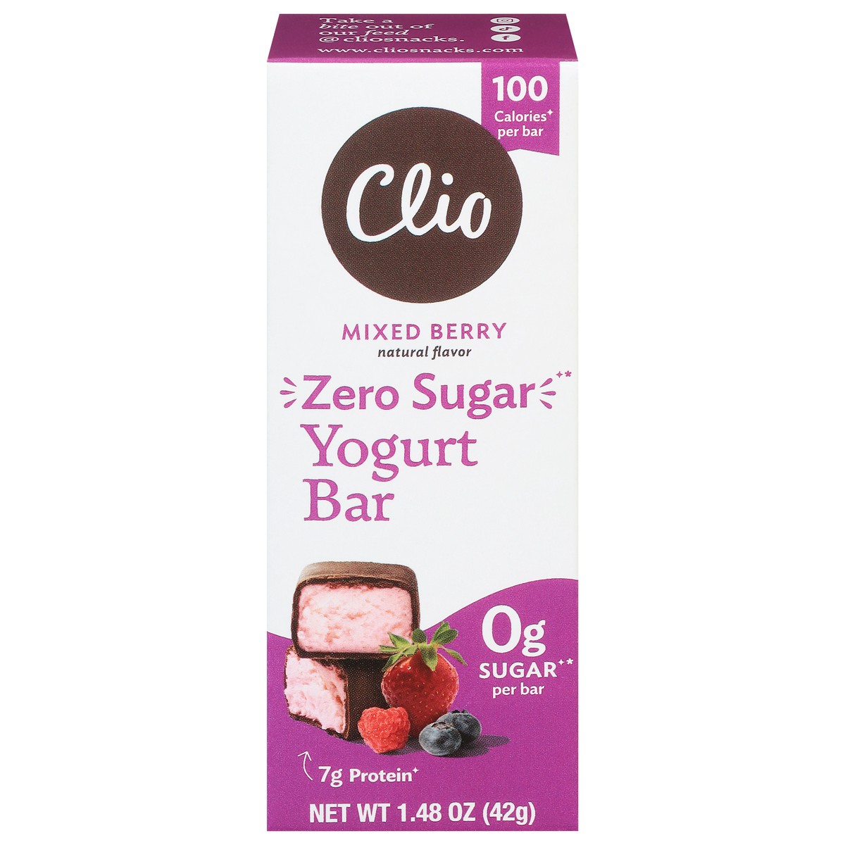 slide 1 of 9, Clio Zero Sugar Mixed Berry Greek Yogurt Bar, 1.48 oz