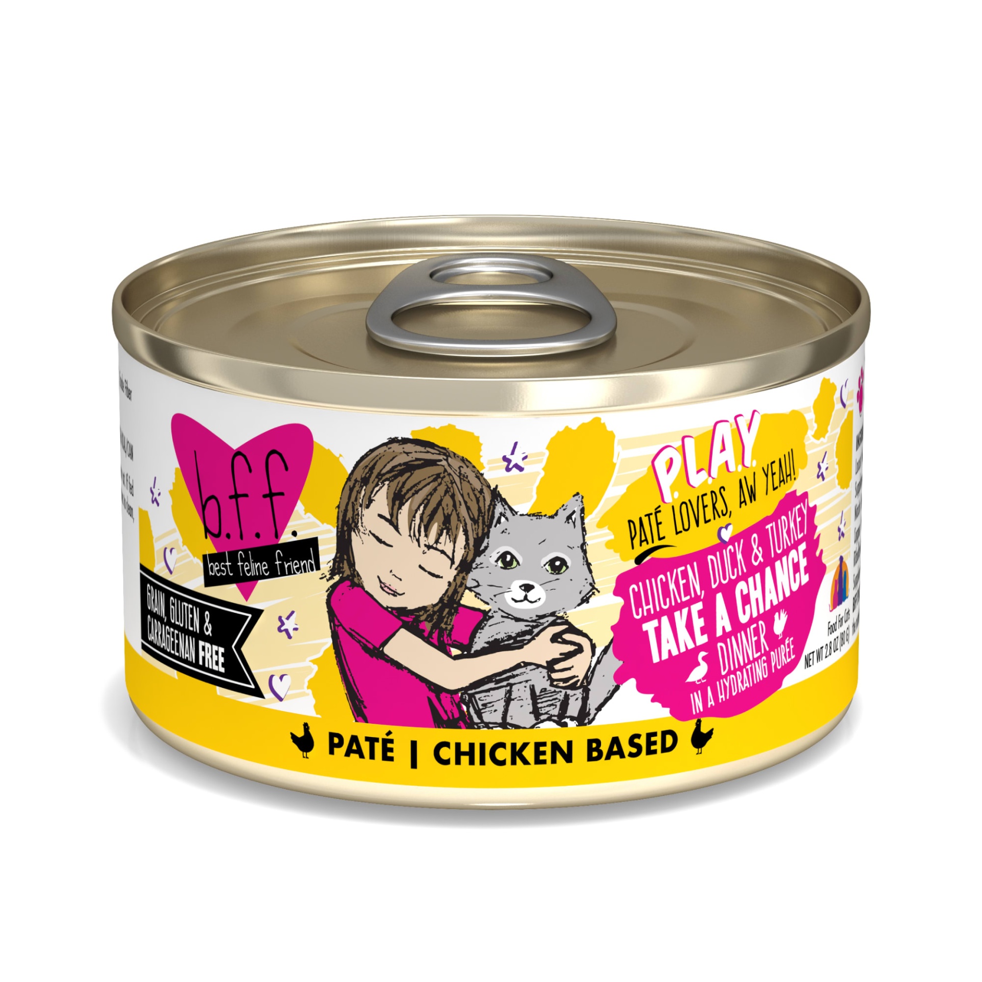 slide 1 of 1, B.F.F. P.L.A.Y. Take a Chance Chicken, Duck & Turkey Dinner in a Hydrating Puree Wet Cat Food, 2.8 oz., 2.8 oz
