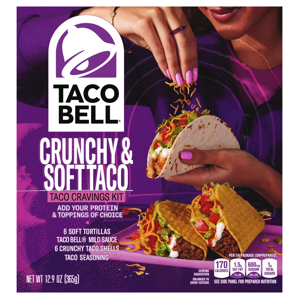 slide 1 of 101, Taco Bell Crunchy & Soft Taco Cravings Kit with 6 Soft Tortillas, 6 Crunchy Taco Shells, Taco Bell Mild Sauce & Seasoning, 12.77 oz Box, 12.9 oz