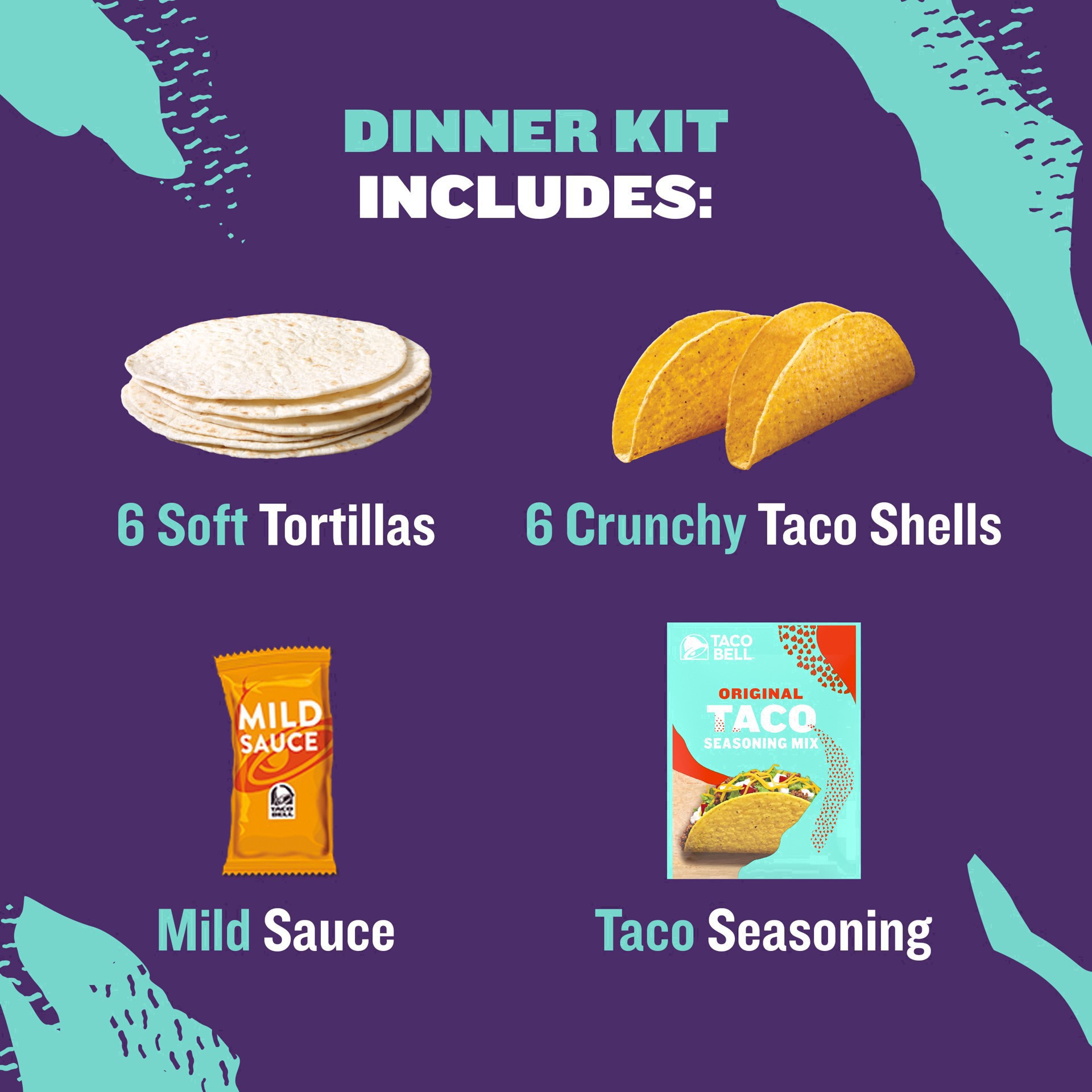slide 83 of 101, Taco Bell Crunchy & Soft Taco Cravings Kit with 6 Soft Tortillas, 6 Crunchy Taco Shells, Taco Bell Mild Sauce & Seasoning, 12.77 oz Box, 1 ct