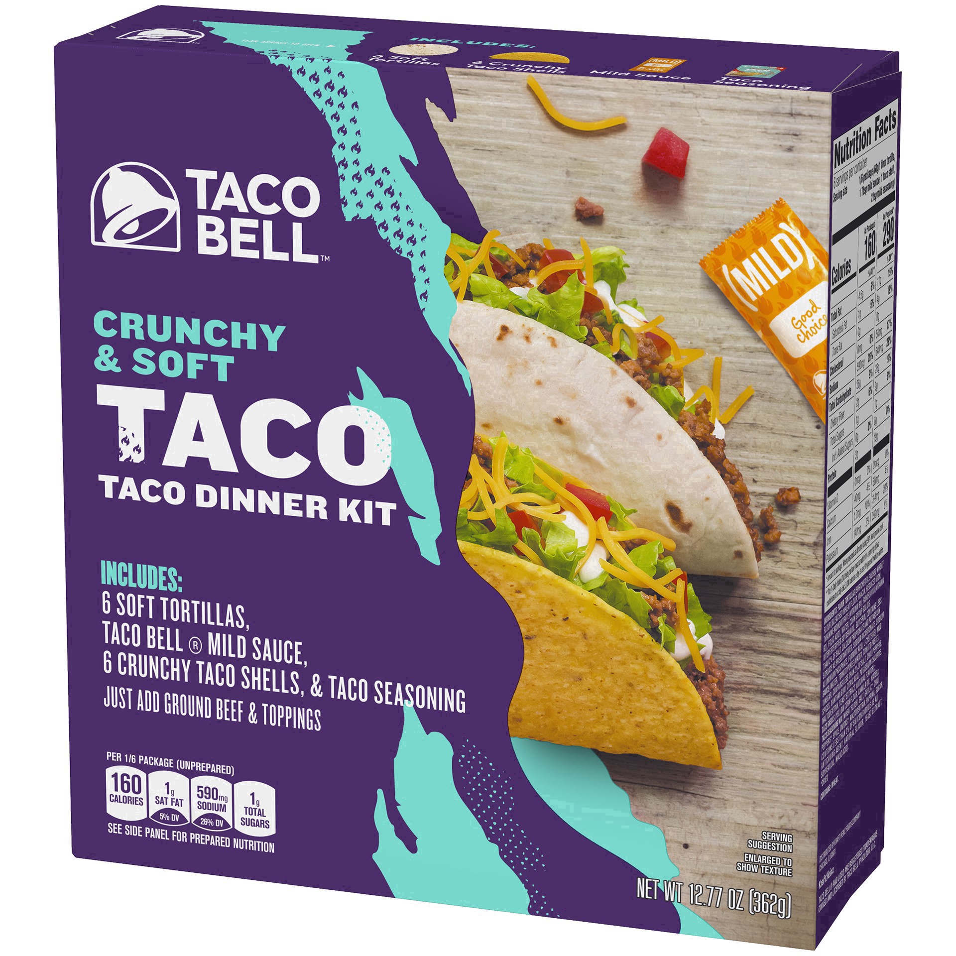 slide 55 of 101, Taco Bell Crunchy & Soft Taco Cravings Kit with 6 Soft Tortillas, 6 Crunchy Taco Shells, Taco Bell Mild Sauce & Seasoning, 12.77 oz Box, 1 ea