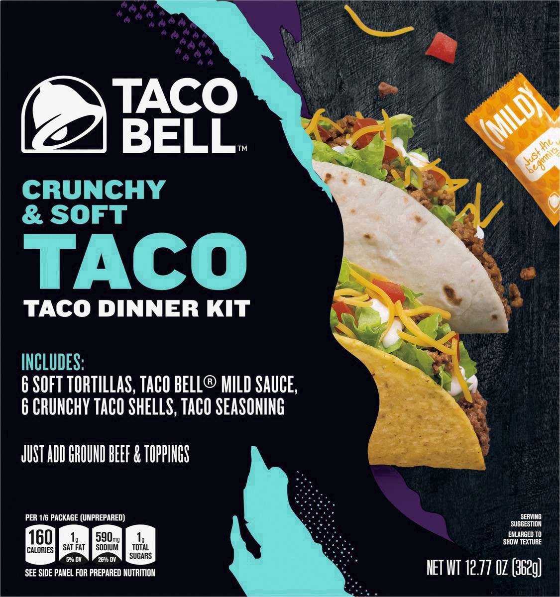 slide 48 of 101, Taco Bell Crunchy & Soft Taco Cravings Kit with 6 Soft Tortillas, 6 Crunchy Taco Shells, Taco Bell Mild Sauce & Seasoning, 12.77 oz Box, 1 ct