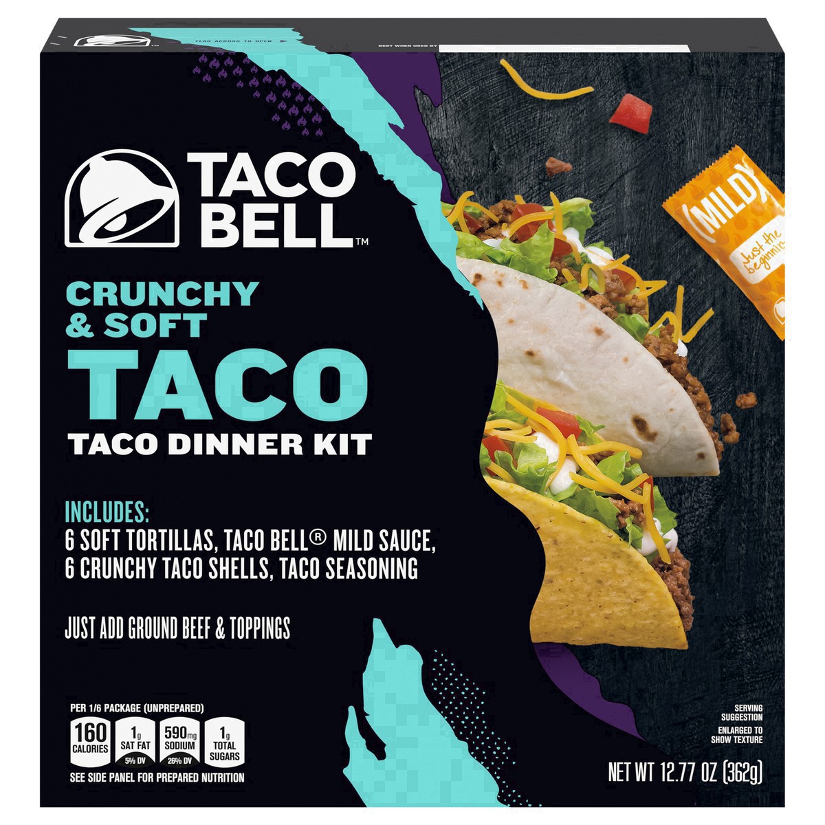 slide 97 of 101, Taco Bell Crunchy & Soft Taco Cravings Kit with 6 Soft Tortillas, 6 Crunchy Taco Shells, Taco Bell Mild Sauce & Seasoning, 12.77 oz Box, 1 ea