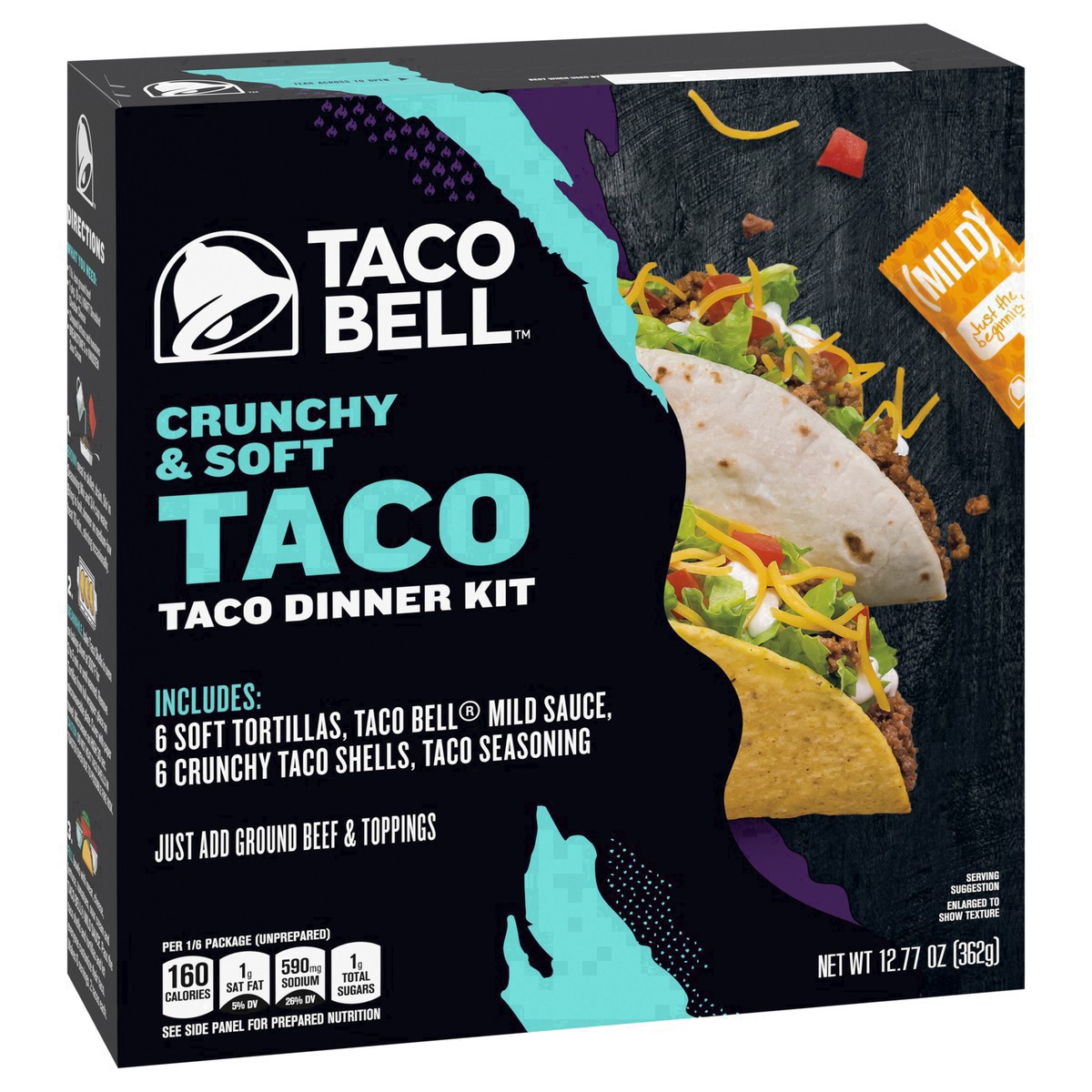 slide 79 of 101, Taco Bell Crunchy & Soft Taco Cravings Kit with 6 Soft Tortillas, 6 Crunchy Taco Shells, Taco Bell Mild Sauce & Seasoning, 12.77 oz Box, 1 ea