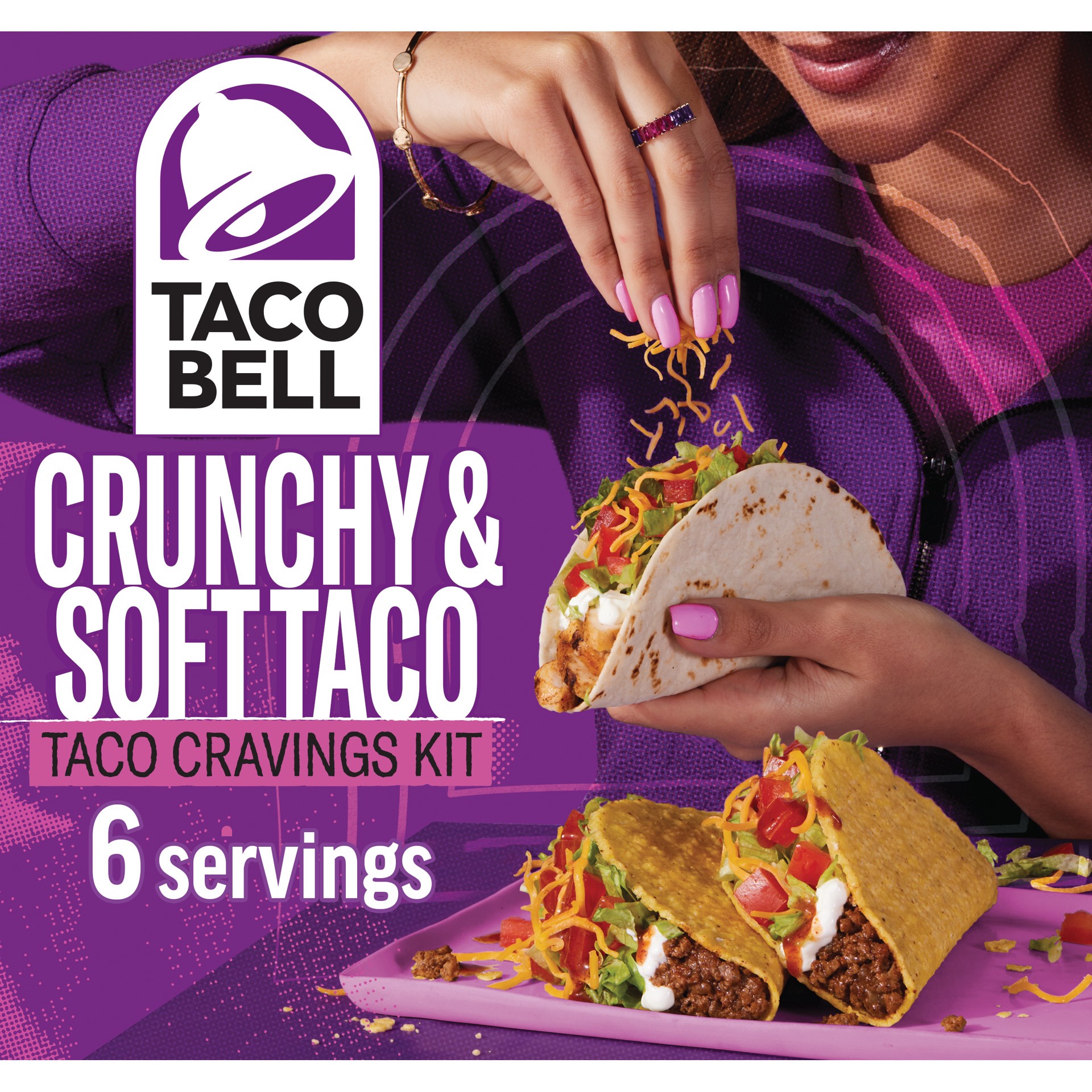 slide 1 of 101, Taco Bell Crunchy & Soft Taco Cravings Kit with 6 Soft Tortillas, 6 Crunchy Taco Shells, Taco Bell Mild Sauce & Seasoning, 12.9 oz Box, 12.9 oz