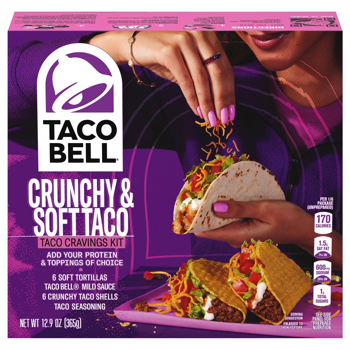 slide 1 of 101, Taco Bell Crunchy & Soft Taco Cravings Kit with 6 Soft Tortillas, 6 Crunchy Taco Shells, Taco Bell Mild Sauce & Seasoning, 12.77 oz Box, 1 ct