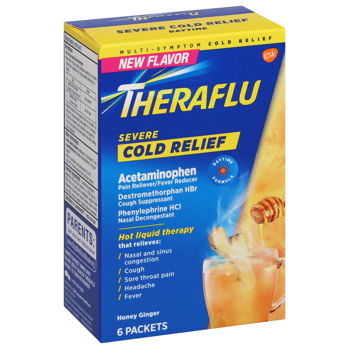slide 7 of 9, Theraflu Daytime Severe Cold Relief Powder, Honey Ginger Flavor, 6 Count, 6 ct