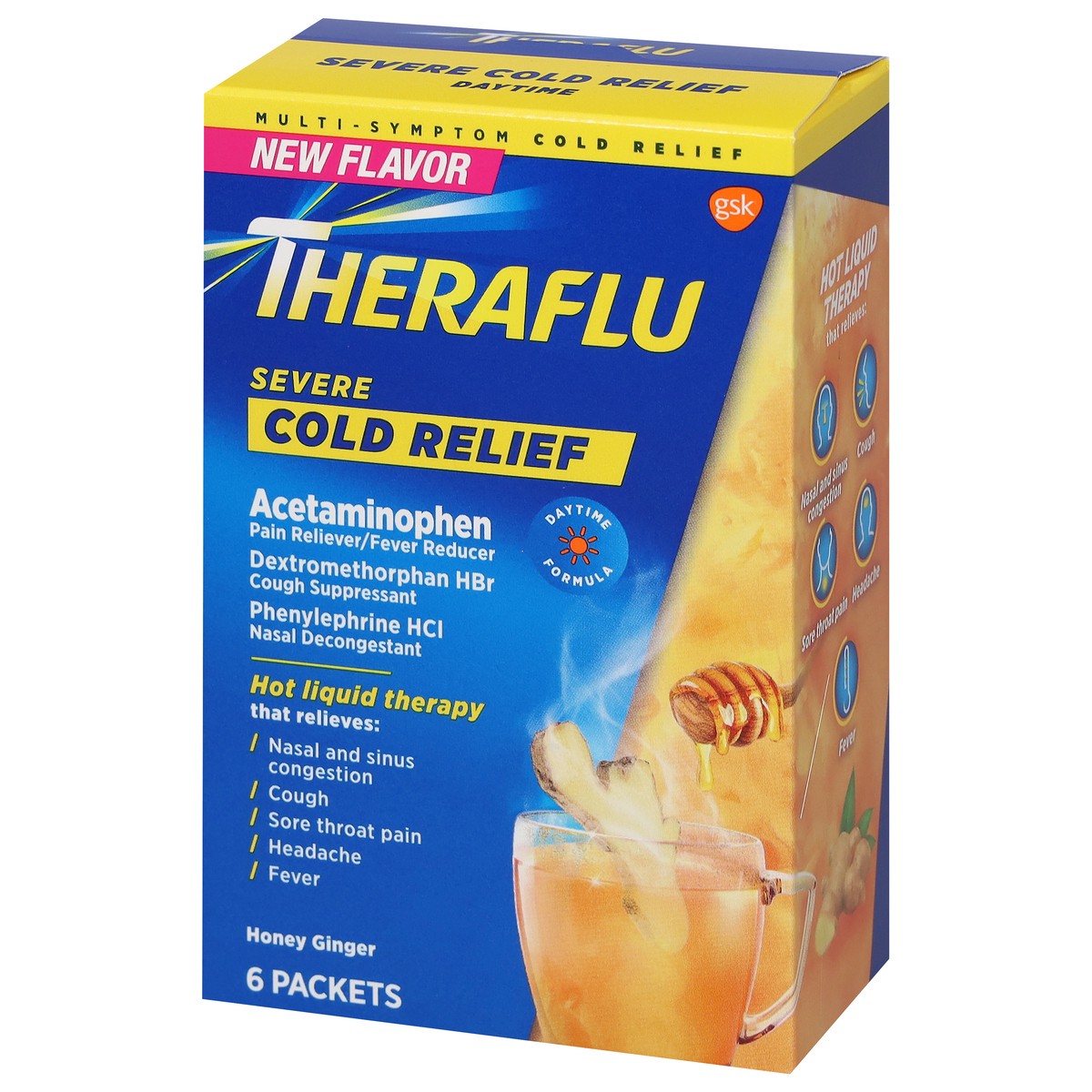 slide 4 of 9, Theraflu Daytime Severe Cold Relief Powder, Honey Ginger Flavor, 6 Count, 6 ct