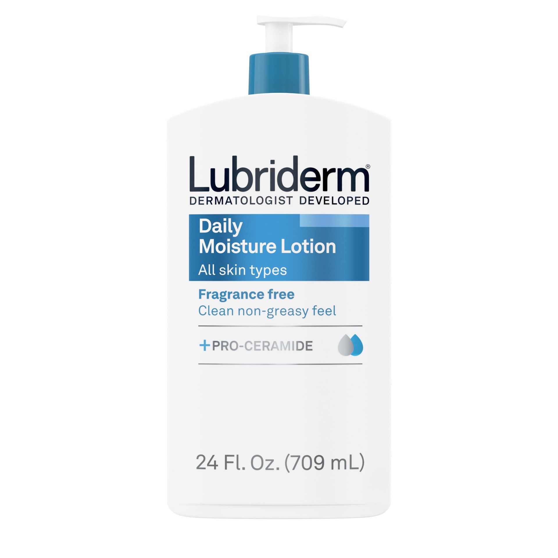 slide 1 of 5, Lubriderm Fragrance Free Daily Moisture Lotion + Pro-Ceramide, Shea Butter & Glycerin, Face, Hand & Body Lotion for Sensitive Skin, Hydrating Lotion for Healthier-Looking Skin, 24 fl. oz, 24 fl oz