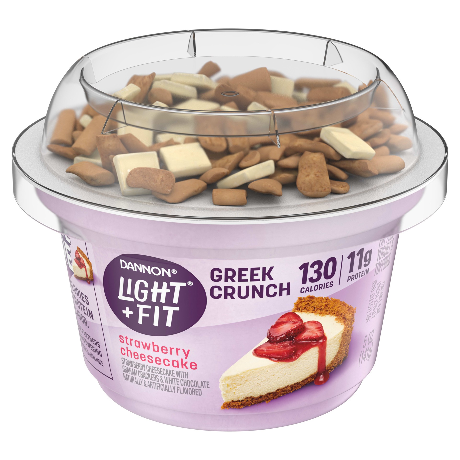 slide 3 of 5, Light + Fit Dannon Light + Fit Greek Crunch Nonfat Yogurt with Toppers, Strawberry Cheesecake, 5 oz., 5 oz