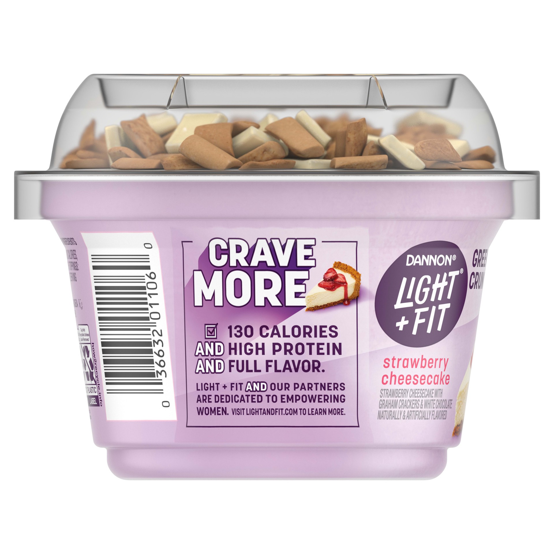 slide 5 of 5, Light + Fit Dannon Light + Fit Greek Crunch Nonfat Yogurt with Toppers, Strawberry Cheesecake, 5 oz., 5 oz