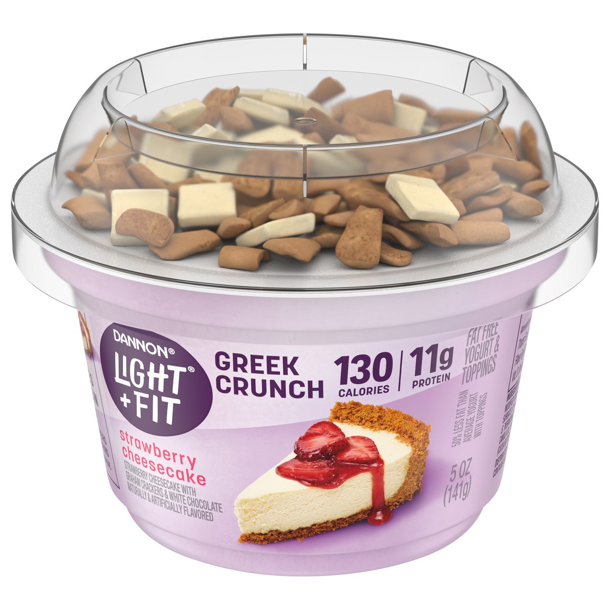 slide 1 of 5, Light + Fit Dannon Light + Fit Greek Crunch Nonfat Yogurt with Toppers, Strawberry Cheesecake, 5 oz., 5 oz