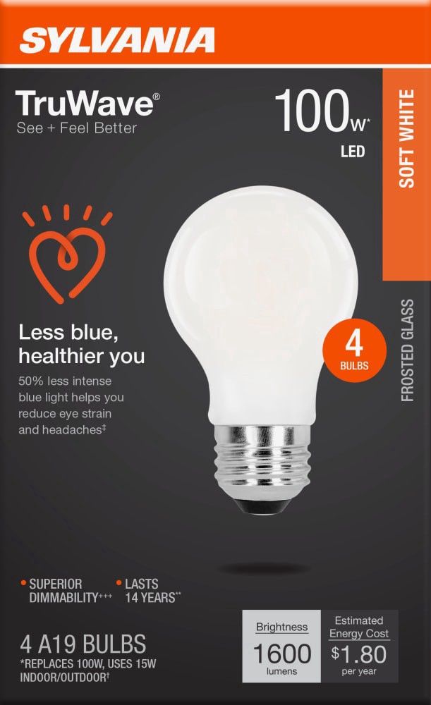 slide 1 of 1, Sylvania TruWave 100W LED A19 Soft White Bulbs, 4 ct