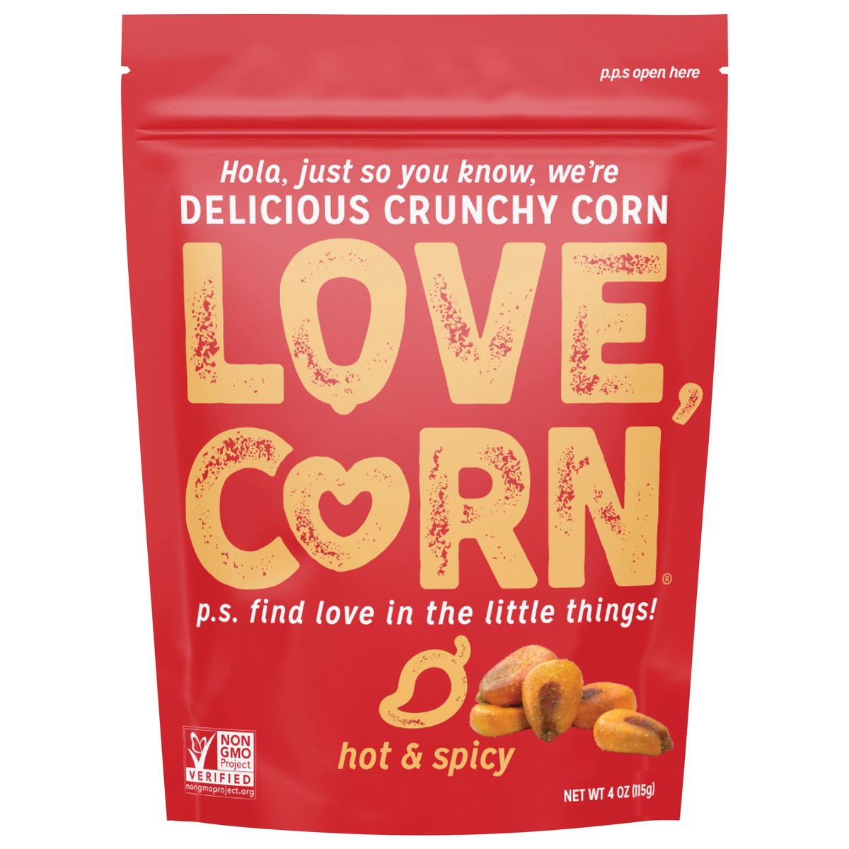 slide 1 of 1, LOVE CORN Hot & Spicy 4oz, 4 oz