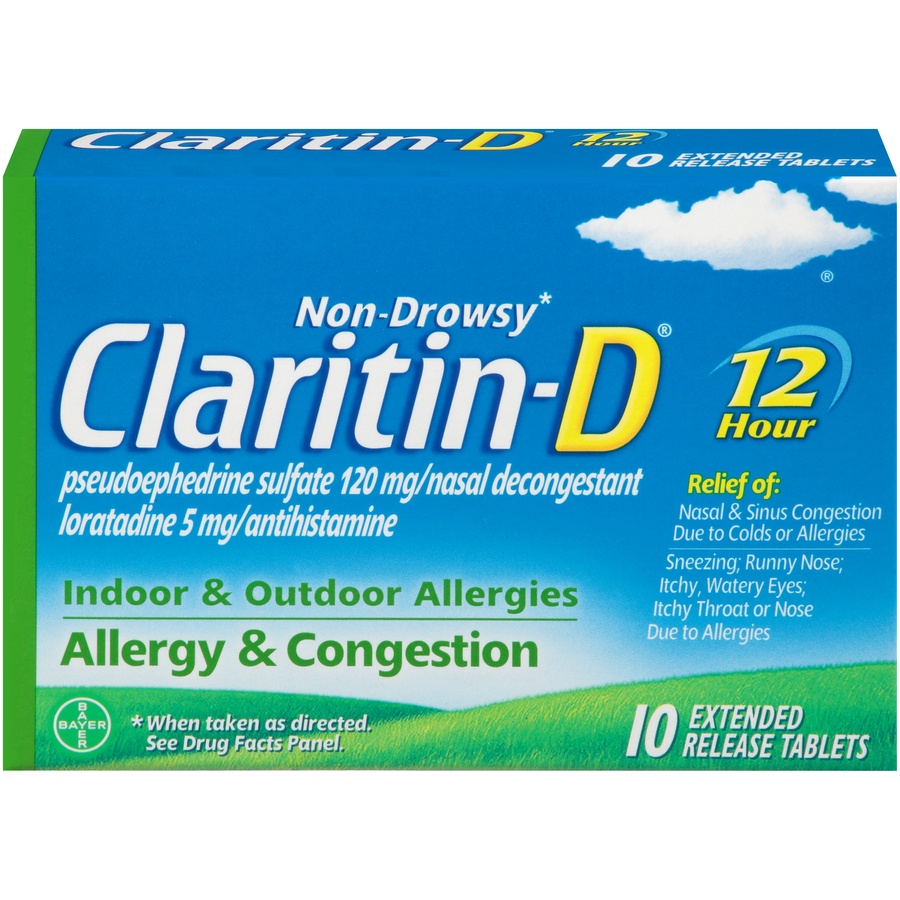 slide 1 of 1, Claritin-D 12-Hour Indoor Outdoor Allergies Allergy Congestion Extended Relief Tablets, 10 ct