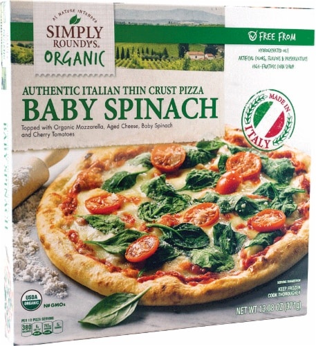 slide 1 of 1, Simply Roundy's Organic Authentic Italian Thin Crust Baby Spinach Pizza, 13.08 oz