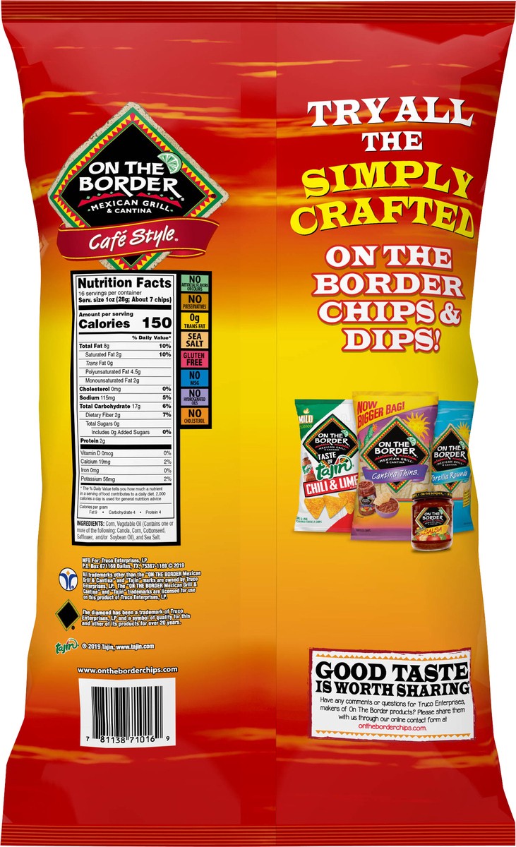 slide 2 of 3, On The Border Fiesta Size Cafe Style Tortilla Chips 16 oz, 16 oz