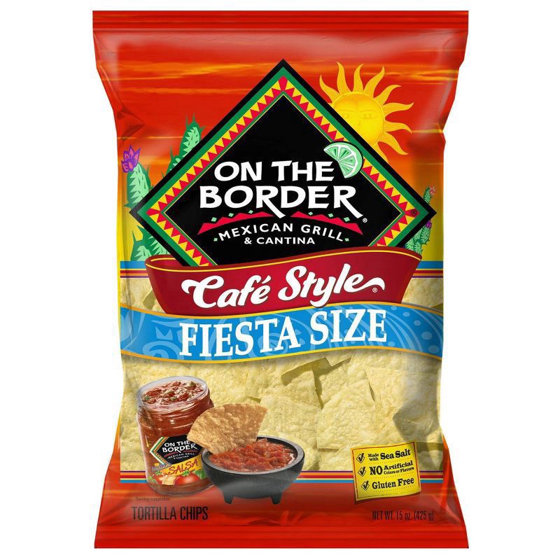 slide 1 of 3, On The Border Fiesta Size Cafe Style Tortilla Chips 16 oz, 16 oz