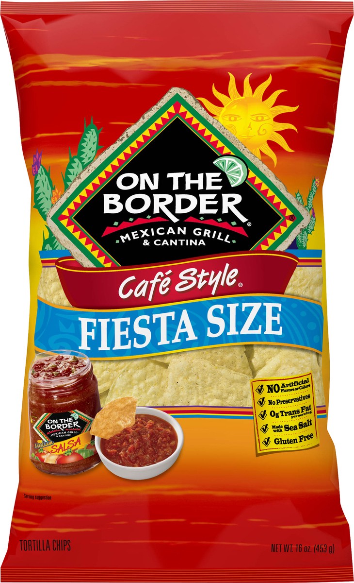 slide 3 of 3, On The Border Fiesta Size Cafe Style Tortilla Chips 16 oz, 16 oz