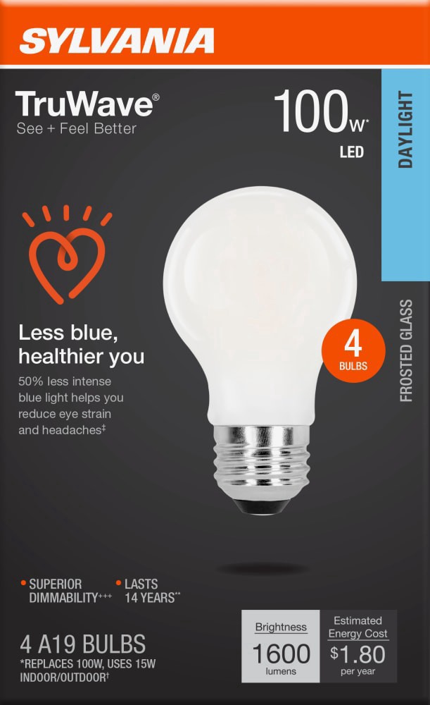 slide 1 of 1, Sylvania TruWave™ 15-Watt (100-Watt) A19 LED Frosted Glass Bulbs - Daylight, 4 ct