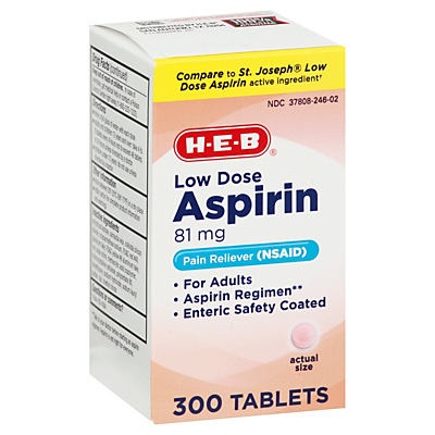 slide 1 of 1, H-E-B Aspirin Low Strength 81 mg Enteric Coated Tablets, 300 ct