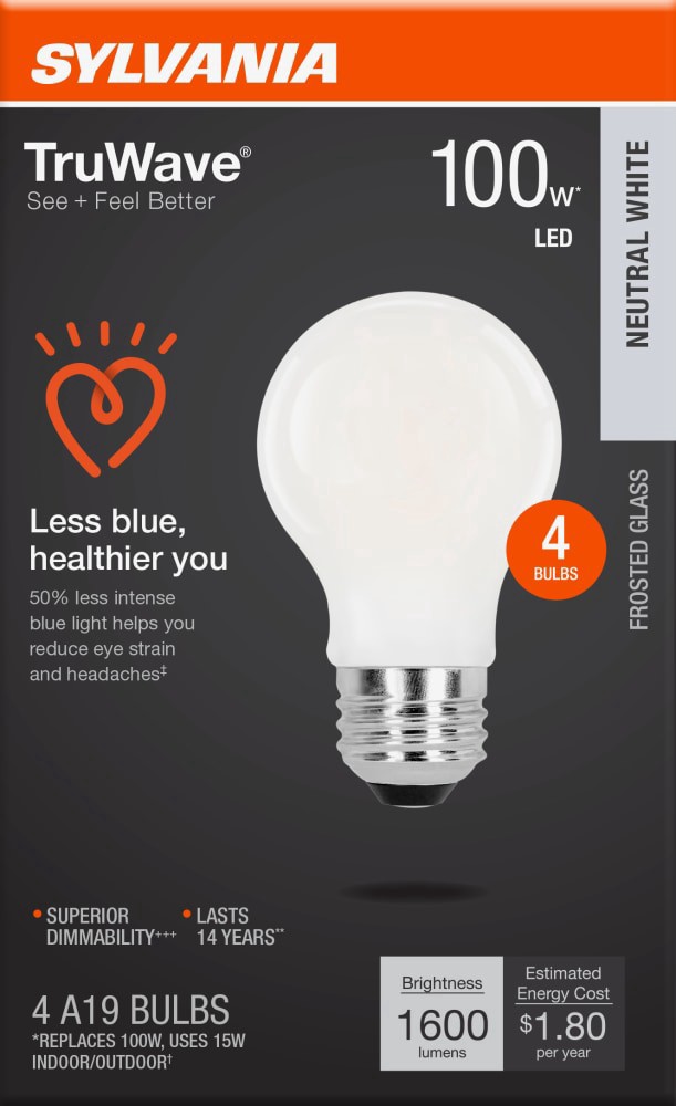 slide 1 of 1, Sylvania TruWave™ 15-Watt (60-Watt) A19 LED Frosted Glass Bulbs - Neutral White, 4 ct
