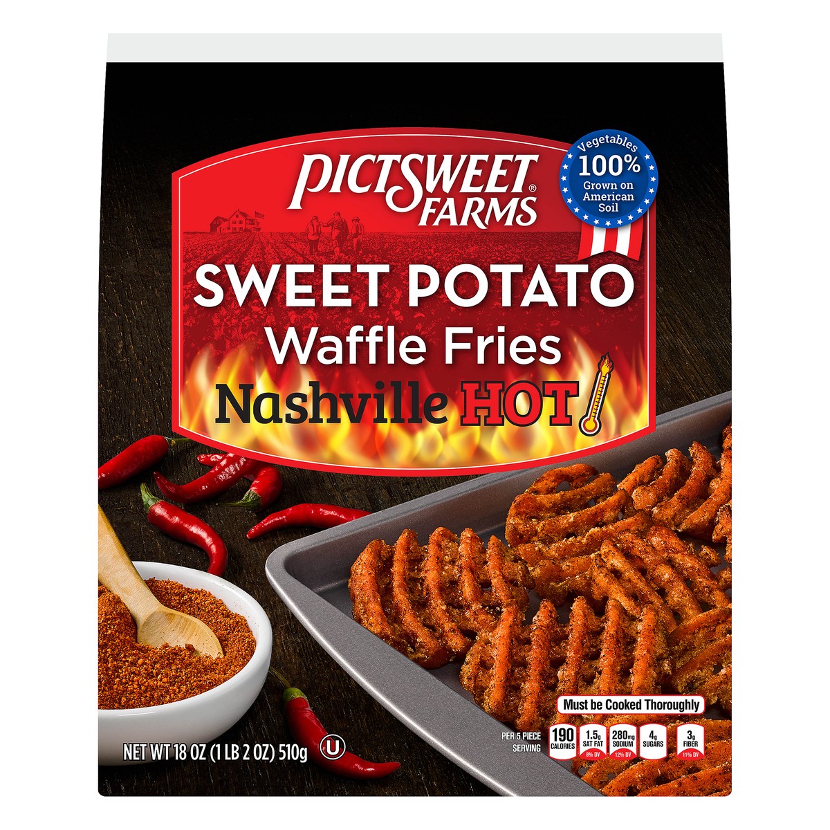 slide 1 of 10, PictSweet Sweet Potato Waffle Fries, Nashville Hot, 18 oz