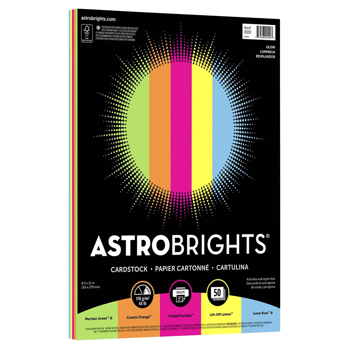 slide 1 of 1, Neenah Astrobrights Glow Cardstock Sheet Assorted, 50 ct