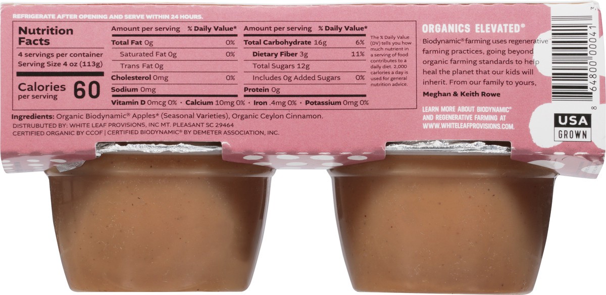 slide 2 of 9, White Leaf Provisions Biodynamic Apple Sauce + Cinnamon 4 - 4 oz Cups, 4 ct