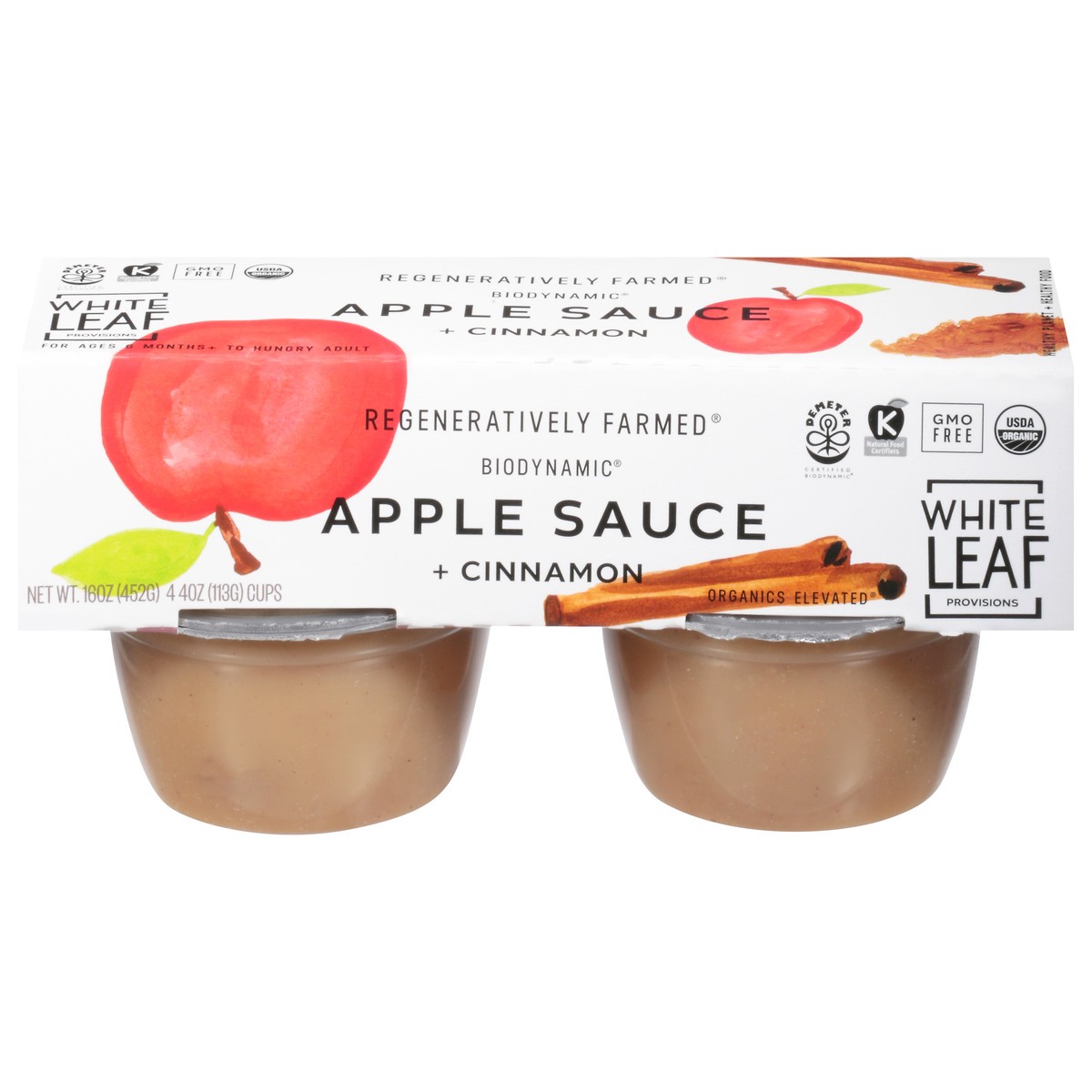 slide 1 of 9, White Leaf Provisions Biodynamic Apple Sauce + Cinnamon 4 - 4 oz Cups, 4 ct