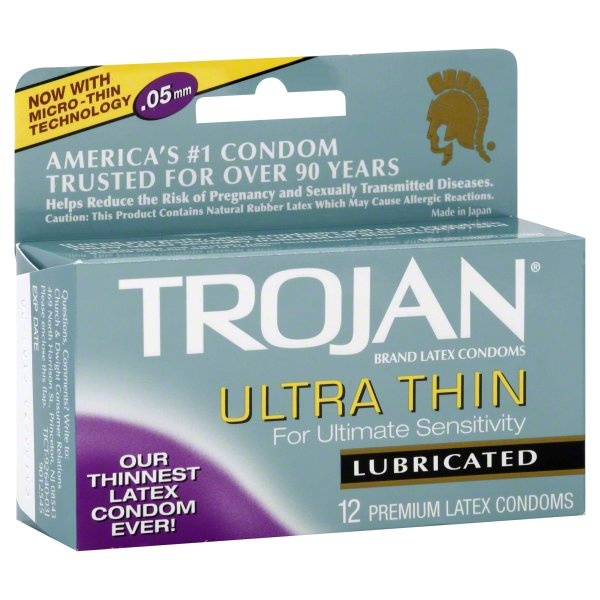 slide 1 of 1, Trojan Ultra Thin Premium Lubricant Latex Condoms, 12 ct