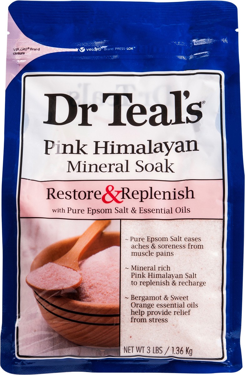 slide 7 of 7, Dr. Teal's Restore & Replenish Pure Epsom Salt & Essential Oils Pink Himalayan Mineral Soak, 48 oz