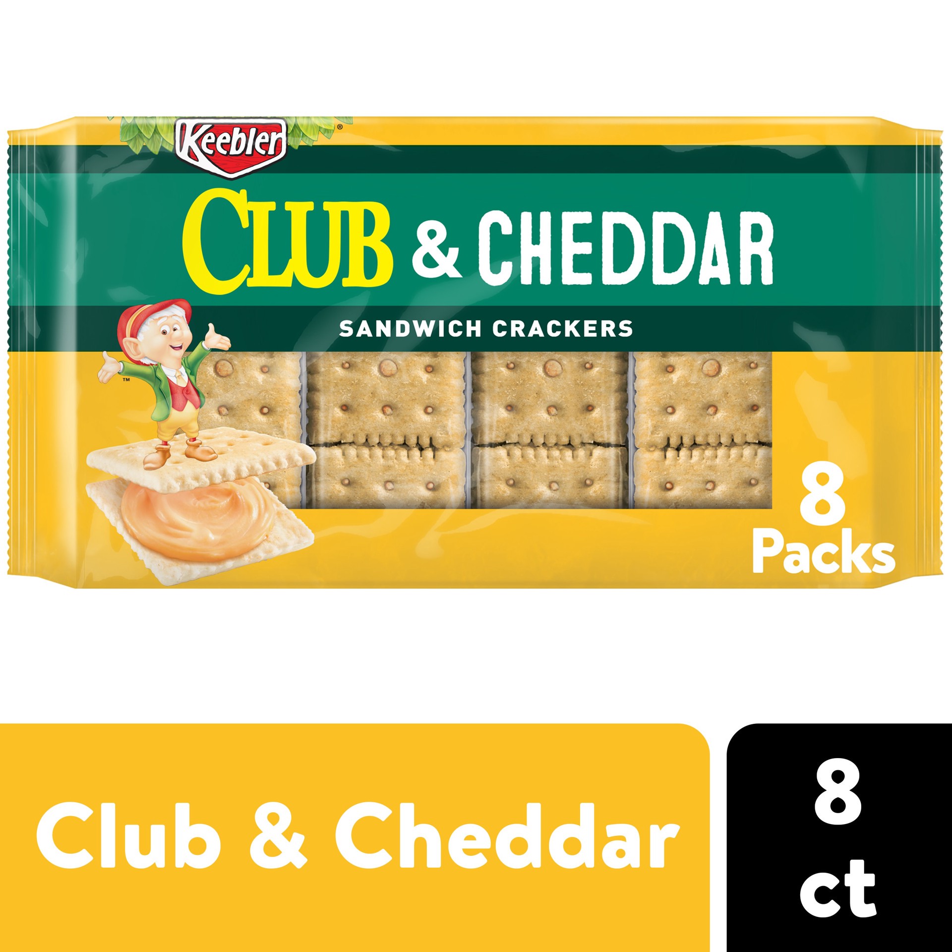 slide 1 of 5, Keebler Sandwich Crackers, Single Serve Snack Crackers, Lunch Snacks, Club and Cheddar, 11oz Tray, 8 Packs, 11 oz