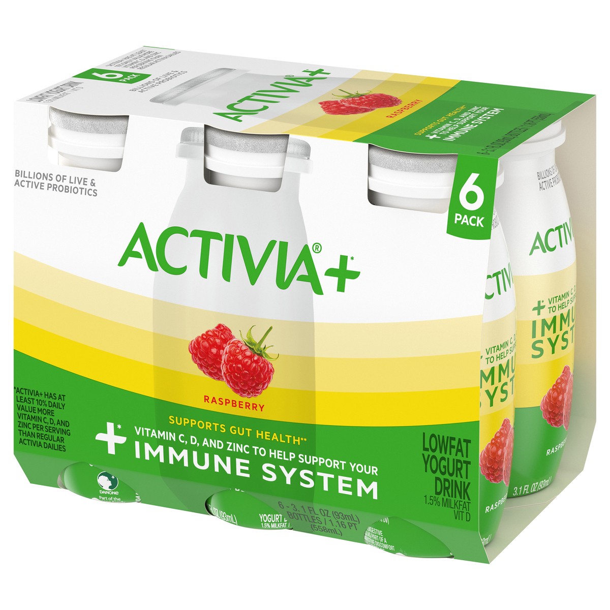 slide 3 of 9, Activia+ Multi-Benefit Raspberry Probiotic Lowfat Yogurt Drinks, Delicious Probiotic Yogurt Bottles Help Support Gut Health and Immune System, 6 Ct, 3.1 FL OZ, 3.10 fl oz