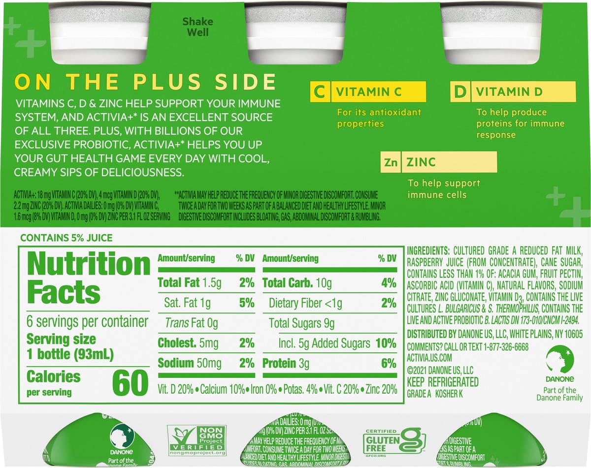 slide 5 of 9, Activia+ Multi-Benefit Raspberry Probiotic Lowfat Yogurt Drinks, Delicious Probiotic Yogurt Bottles Help Support Gut Health and Immune System, 6 Ct, 3.1 FL OZ, 3.10 fl oz