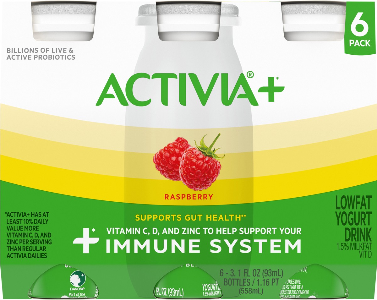 slide 2 of 9, Activia+ Multi-Benefit Raspberry Probiotic Lowfat Yogurt Drinks, Delicious Probiotic Yogurt Bottles Help Support Gut Health and Immune System, 6 Ct, 3.1 FL OZ, 3.10 fl oz