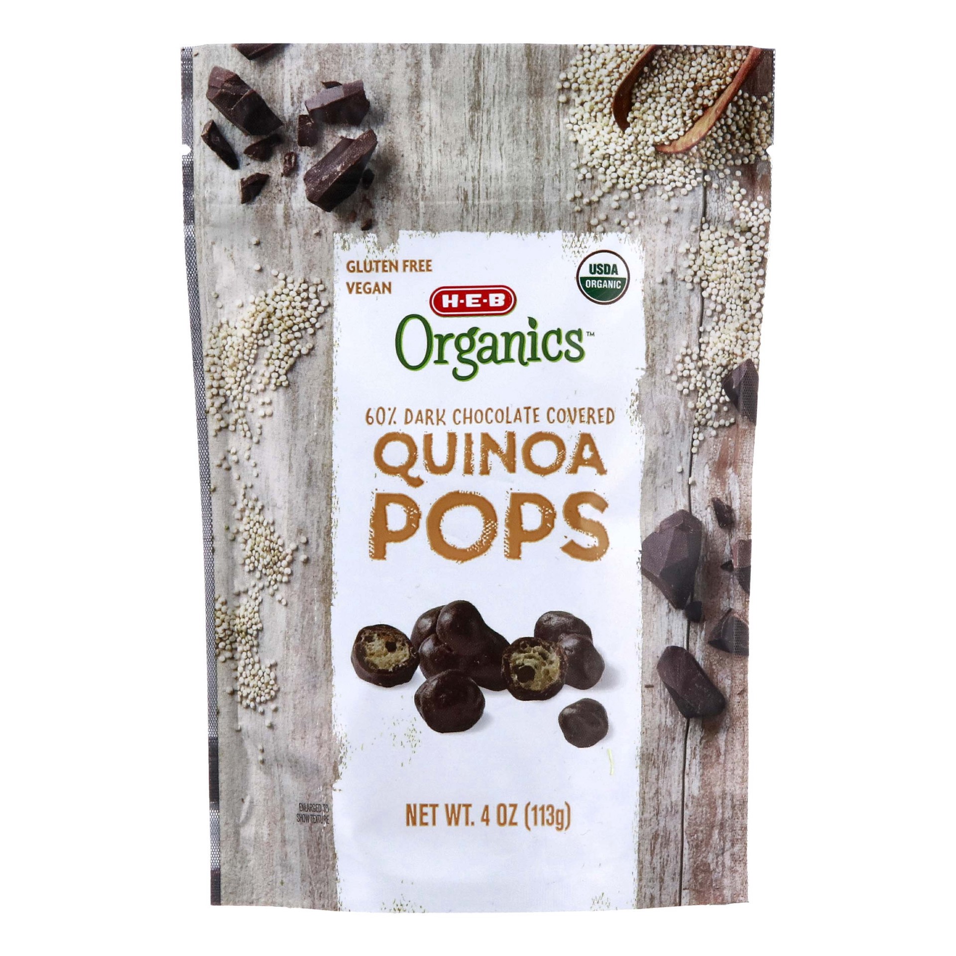 slide 1 of 1, H-E-B Organics 60% Dark Chocolate Covered Quinoa Pops, 4 oz