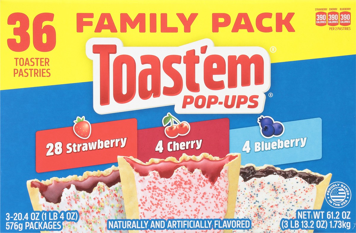 slide 7 of 9, Toast'em Pop-ups Strawberry/Cherry/Blueberry Toaster Pastries Variety Pack Family Pack 36 ea, 3 ct